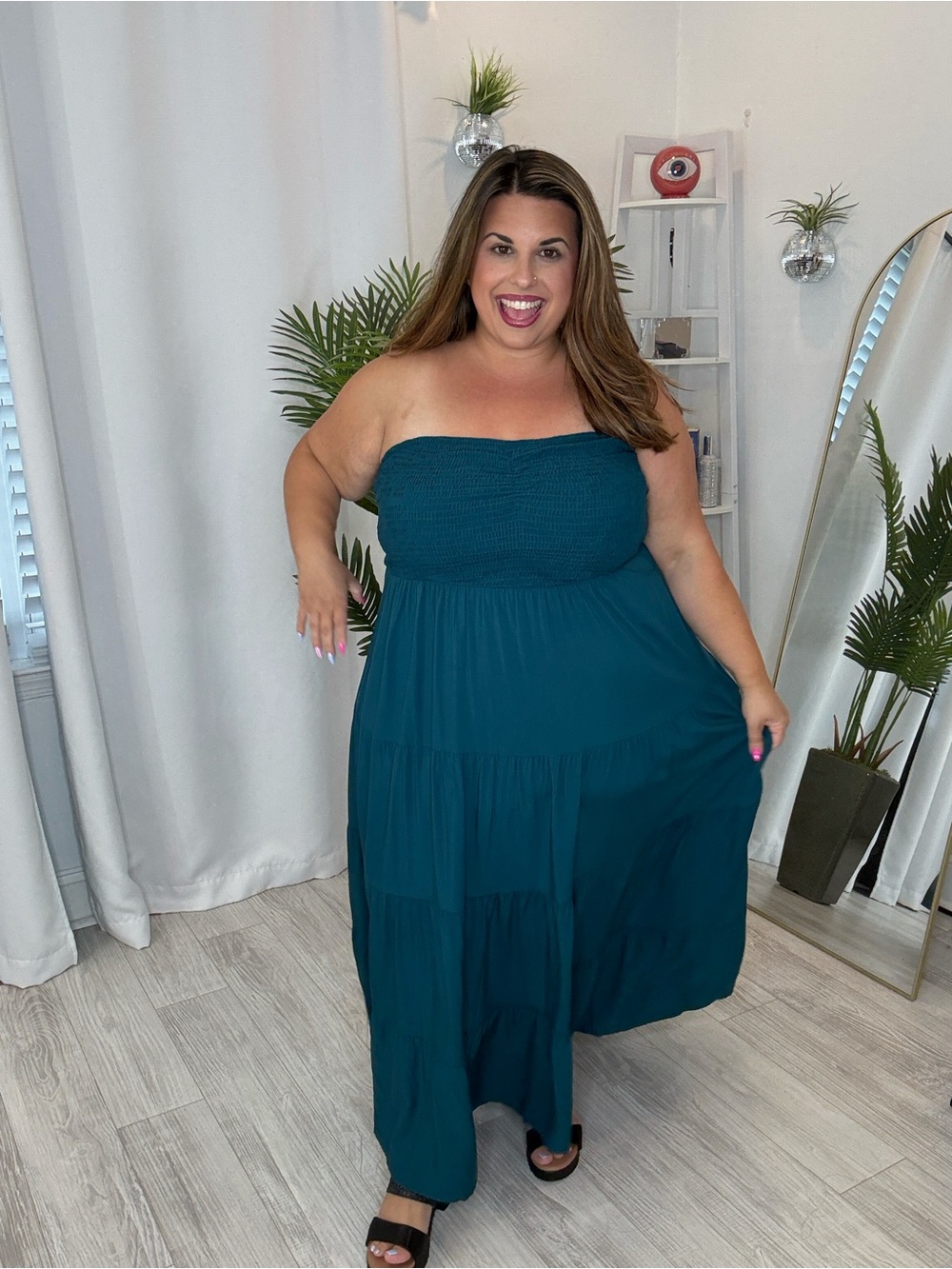 Plus Strapless Teal Tiered Maxi Dress